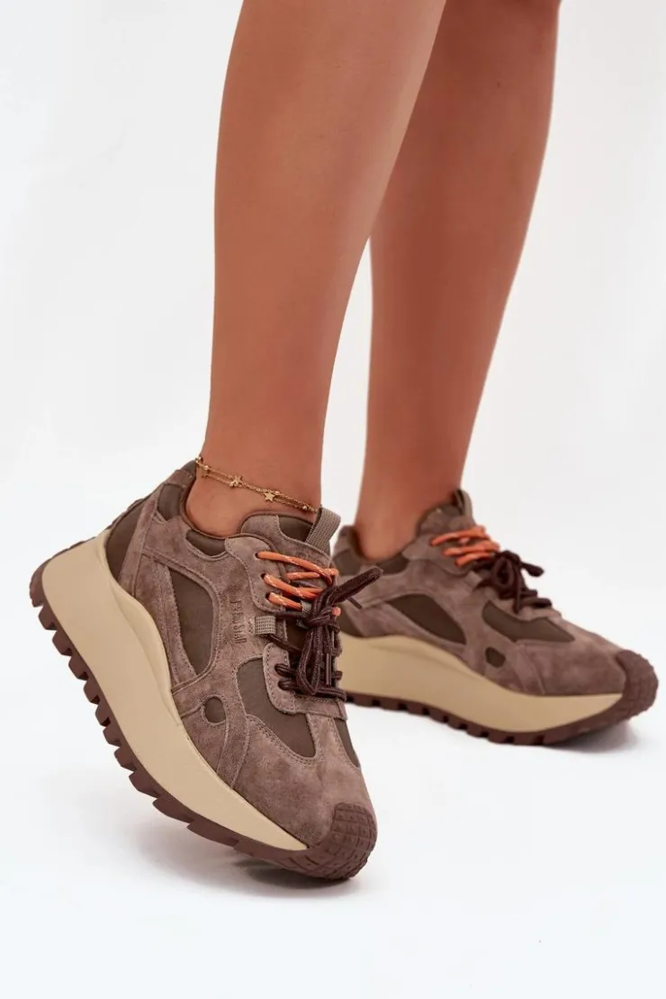 New Big Star Shoes Skórzane Sneakersy Na Platformie Damskie Big Star SS274627 HI-POLY SYSTEM Beżowe Beżowy