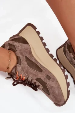 New Big Star Shoes Skórzane Sneakersy Na Platformie Damskie Big Star SS274627 HI-POLY SYSTEM Beżowe Beżowy