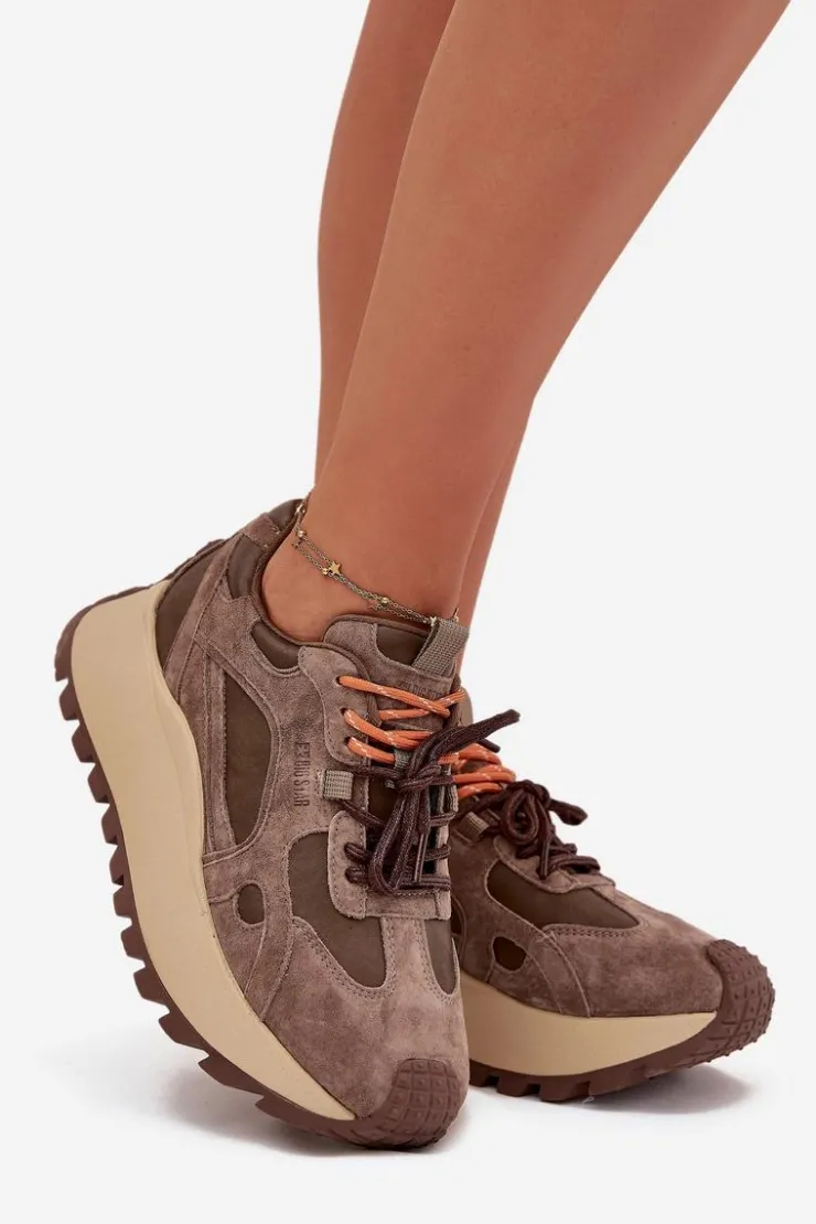 New Big Star Shoes Skórzane Sneakersy Na Platformie Damskie Big Star SS274627 HI-POLY SYSTEM Beżowe Beżowy