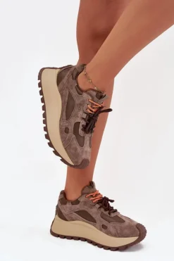 New Big Star Shoes Skórzane Sneakersy Na Platformie Damskie Big Star SS274627 HI-POLY SYSTEM Beżowe Beżowy