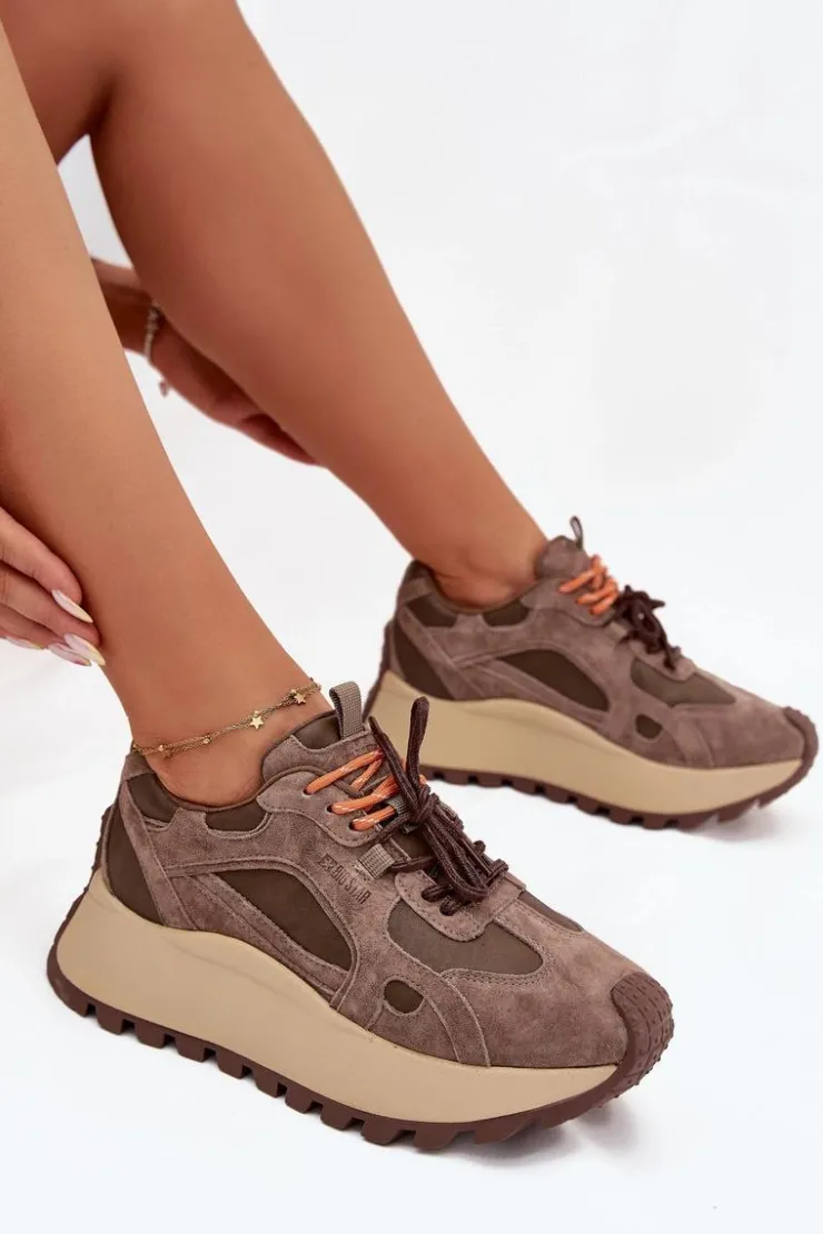 New Big Star Shoes Skórzane Sneakersy Na Platformie Damskie Big Star SS274627 HI-POLY SYSTEM Beżowe Beżowy