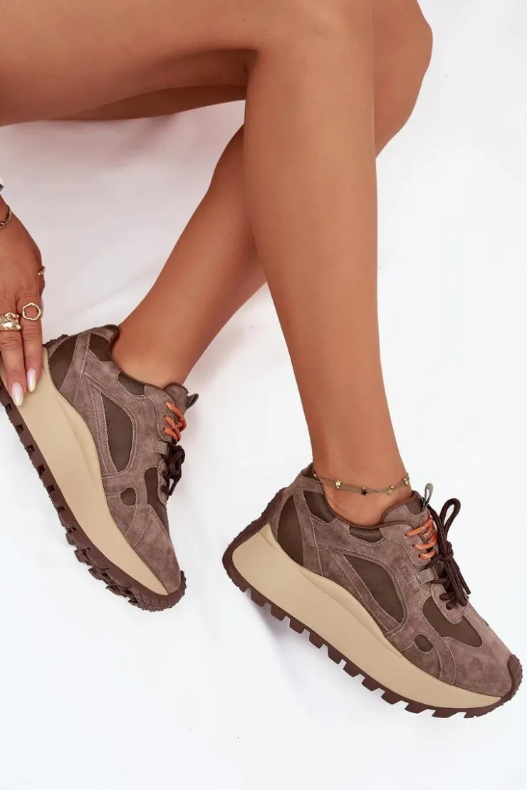 New Big Star Shoes Skórzane Sneakersy Na Platformie Damskie Big Star SS274627 HI-POLY SYSTEM Beżowe Beżowy