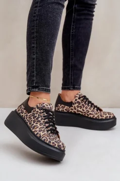 Outlet Zazoo Skórzane Sneakersy Na Platformie W Panterkę 3346 Brązowo-Czarne
