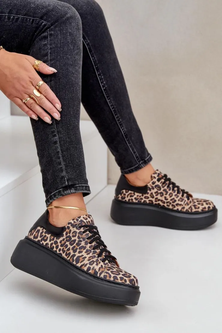 Outlet Zazoo Skórzane Sneakersy Na Platformie W Panterkę 3346 Brązowo-Czarne