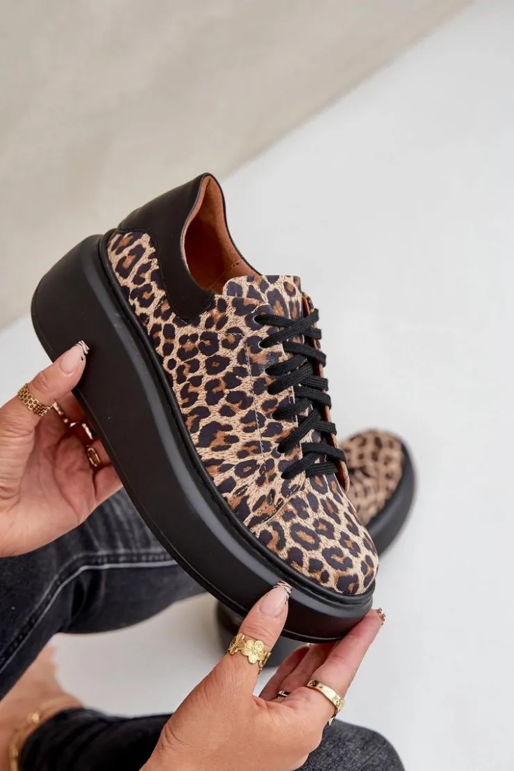 Outlet Zazoo Skórzane Sneakersy Na Platformie W Panterkę 3346 Brązowo-Czarne