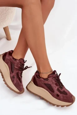 Big Star Shoes Buty Sportowe Big Star|Sneakersy Damskie*Skórzane Sneakersy Na Platformie Damskie Big Star SS274625 HI-POLY SYSTEM Bordowe Czerwony