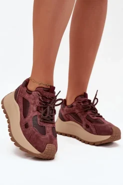 Big Star Shoes Buty Sportowe Big Star|Sneakersy Damskie*Skórzane Sneakersy Na Platformie Damskie Big Star SS274625 HI-POLY SYSTEM Bordowe Czerwony