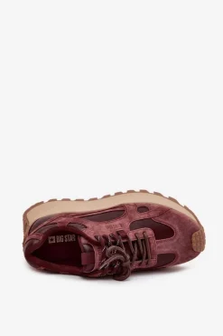 Big Star Shoes Buty Sportowe Big Star|Sneakersy Damskie*Skórzane Sneakersy Na Platformie Damskie Big Star SS274625 HI-POLY SYSTEM Bordowe Czerwony