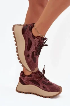 Big Star Shoes Buty Sportowe Big Star|Sneakersy Damskie*Skórzane Sneakersy Na Platformie Damskie Big Star SS274625 HI-POLY SYSTEM Bordowe Czerwony