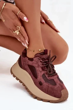 Big Star Shoes Buty Sportowe Big Star|Sneakersy Damskie*Skórzane Sneakersy Na Platformie Damskie Big Star SS274625 HI-POLY SYSTEM Bordowe Czerwony