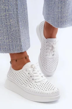 Damskie buty S.Barski Sneakersy Damskie*Skórzane Sneakersy Na Platformie S.Barski LR278 Białe