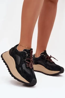 Damskie Big Star Shoes Skórzane Sneakersy Na Platformie Damskie Big Star SS274628 HI-POLY SYSTEM Czarne