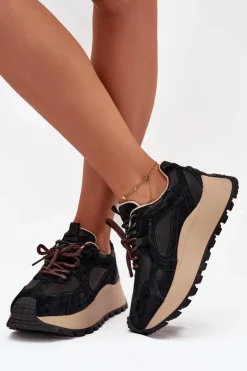 Damskie Big Star Shoes Skórzane Sneakersy Na Platformie Damskie Big Star SS274628 HI-POLY SYSTEM Czarne