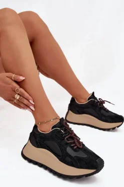 Damskie Big Star Shoes Skórzane Sneakersy Na Platformie Damskie Big Star SS274628 HI-POLY SYSTEM Czarne