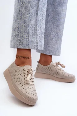 Damskie Damskie buty S.Barski Skórzane Sneakersy Na Platformie S.Barski LR278 Beżowe