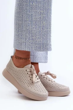 Damskie Damskie buty S.Barski Skórzane Sneakersy Na Platformie S.Barski LR278 Beżowe