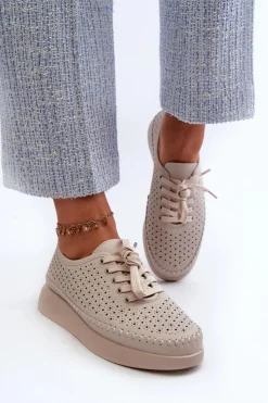 Damskie Damskie buty S.Barski Skórzane Sneakersy Na Platformie S.Barski LR278 Beżowe