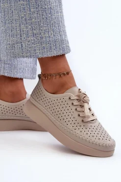 Damskie Damskie buty S.Barski Skórzane Sneakersy Na Platformie S.Barski LR278 Beżowe