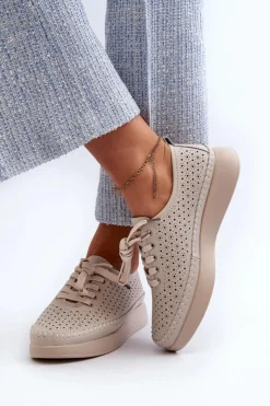 Damskie Damskie buty S.Barski Skórzane Sneakersy Na Platformie S.Barski LR278 Beżowe