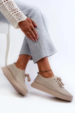 Damskie Damskie buty S.Barski Skórzane Sneakersy Na Platformie S.Barski LR278 Beżowe