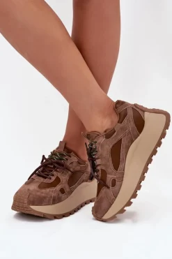 Big Star Shoes Buty Sportowe Big Star|Sneakersy Damskie*Skórzane Sneakersy Na Platformie Damskie Big Star SS274626 HI-POLY SYSTEM Camel