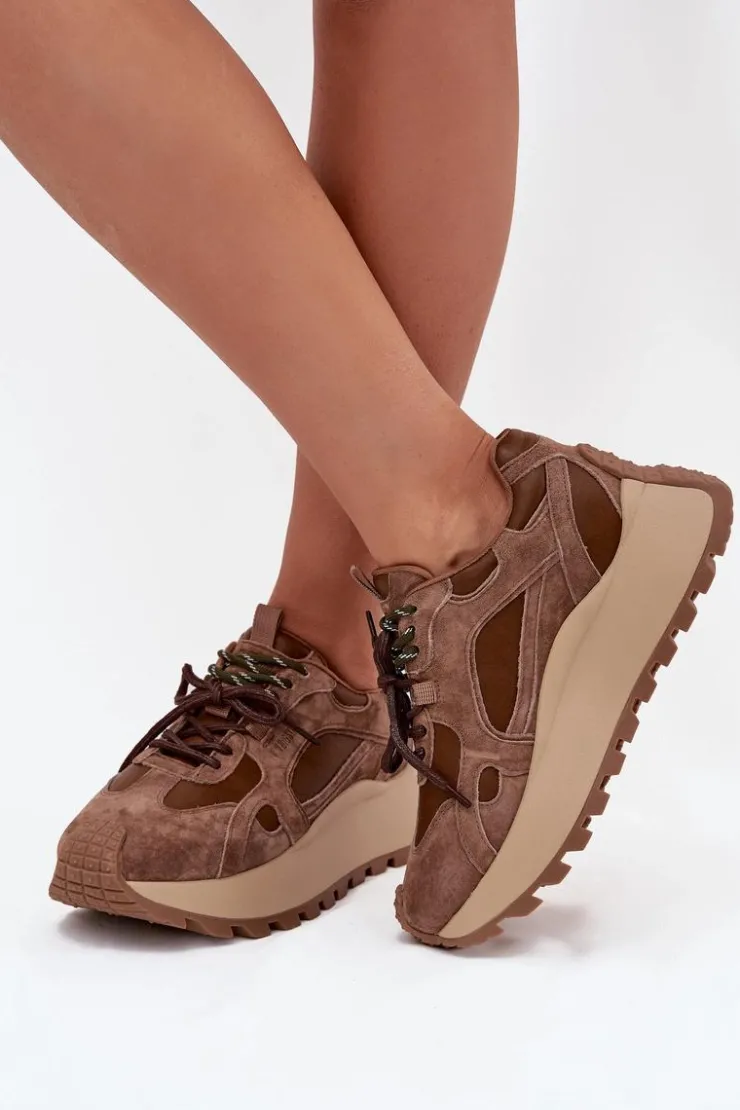 Big Star Shoes Buty Sportowe Big Star|Sneakersy Damskie*Skórzane Sneakersy Na Platformie Damskie Big Star SS274626 HI-POLY SYSTEM Camel