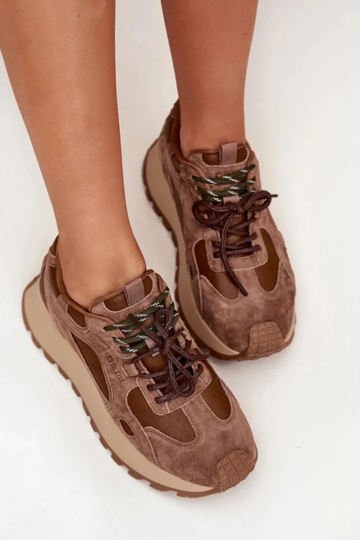 Big Star Shoes Buty Sportowe Big Star|Sneakersy Damskie*Skórzane Sneakersy Na Platformie Damskie Big Star SS274626 HI-POLY SYSTEM Camel