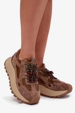 Big Star Shoes Buty Sportowe Big Star|Sneakersy Damskie*Skórzane Sneakersy Na Platformie Damskie Big Star SS274626 HI-POLY SYSTEM Camel