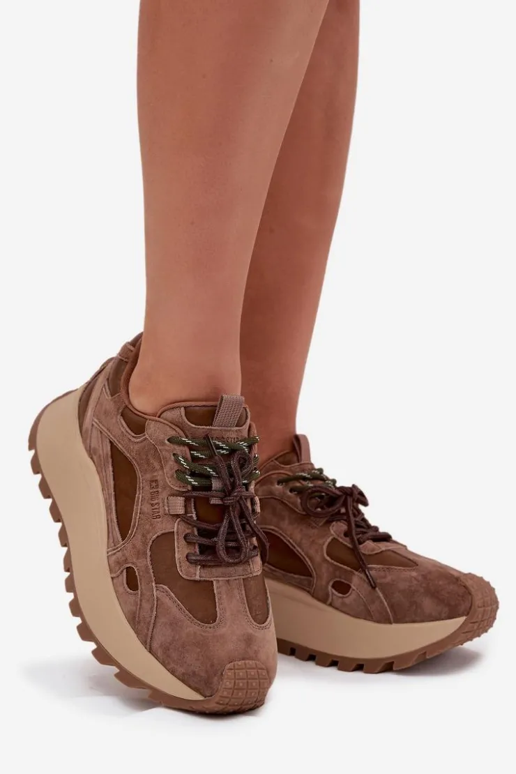 Big Star Shoes Buty Sportowe Big Star|Sneakersy Damskie*Skórzane Sneakersy Na Platformie Damskie Big Star SS274626 HI-POLY SYSTEM Camel