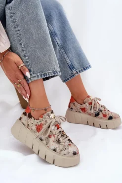 Sale Maciejka Skórzane Sneakersy Na Platformie 06891-18 Beżowe