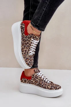 Damskie Zazoo Skórzane Sneakersy Na Platformie W Panterkę 3346 Brązowo-Czerwone