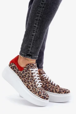 Damskie Zazoo Skórzane Sneakersy Na Platformie W Panterkę 3346 Brązowo-Czerwone