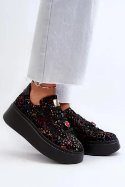Maciejka Buty Sportowe Na Platformie*Skórzane Sneakersy Na Platformie 6191S-01 Czarne
