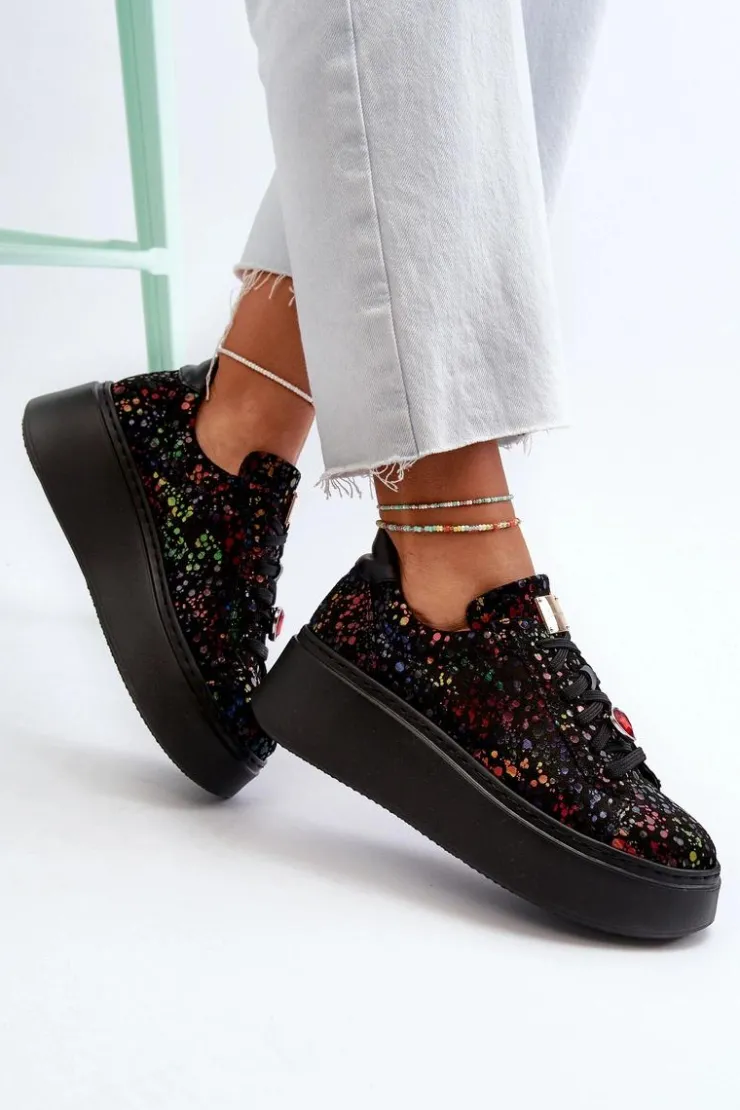 Maciejka Buty Sportowe Na Platformie*Skórzane Sneakersy Na Platformie 6191S-01 Czarne