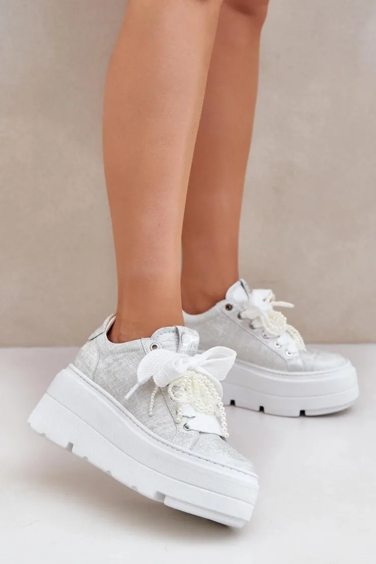 Damskie CheBello Skórzane Sneakersy Na Platformie 4658 Srebrne
