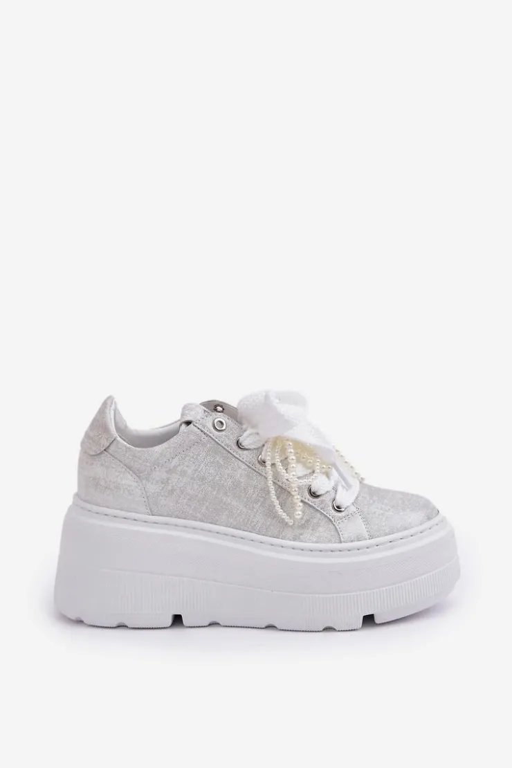 Damskie CheBello Skórzane Sneakersy Na Platformie 4658 Srebrne