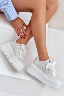 Damskie CheBello Skórzane Sneakersy Na Platformie 4658 Srebrne