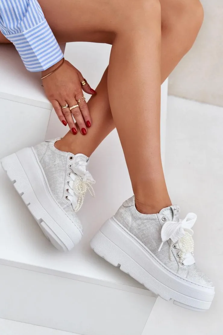 Damskie CheBello Skórzane Sneakersy Na Platformie 4658 Srebrne