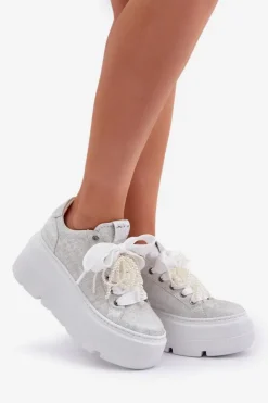 Damskie CheBello Skórzane Sneakersy Na Platformie 4658 Srebrne