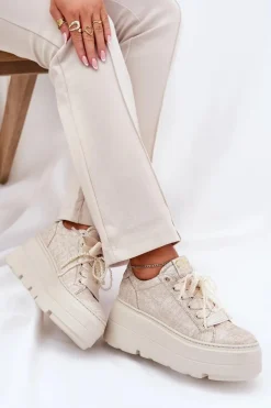 CheBello Buty Sportowe Na Platformie*Skórzane Sneakersy Na Platformie 4658 Złote