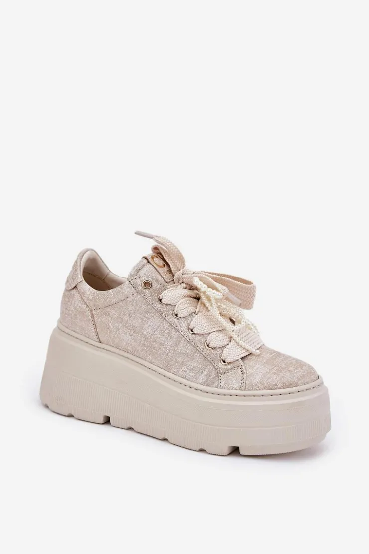 CheBello Buty Sportowe Na Platformie*Skórzane Sneakersy Na Platformie 4658 Złote