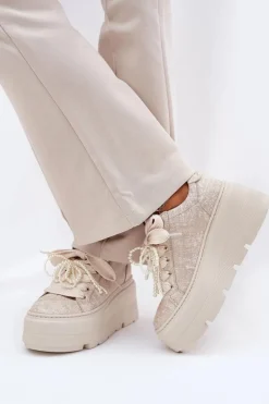 CheBello Buty Sportowe Na Platformie*Skórzane Sneakersy Na Platformie 4658 Złote