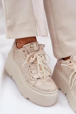 CheBello Buty Sportowe Na Platformie*Skórzane Sneakersy Na Platformie 4658 Złote