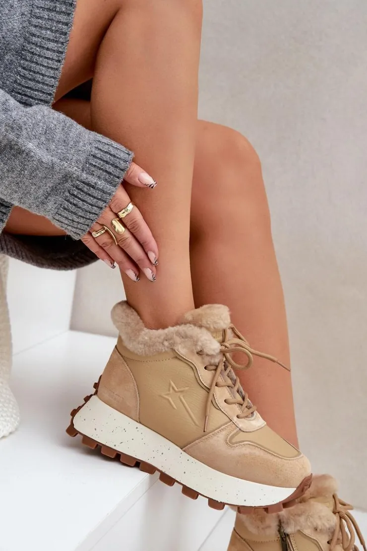 Online Big Star Shoes Skórzane Sneakersy Trapery Damskie Z Futerkiem Na Platformie Big Star OO274A330 Beżowe Beżowy