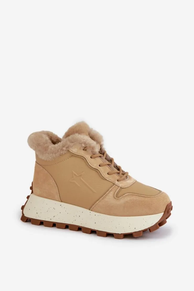 Online Big Star Shoes Skórzane Sneakersy Trapery Damskie Z Futerkiem Na Platformie Big Star OO274A330 Beżowe Beżowy
