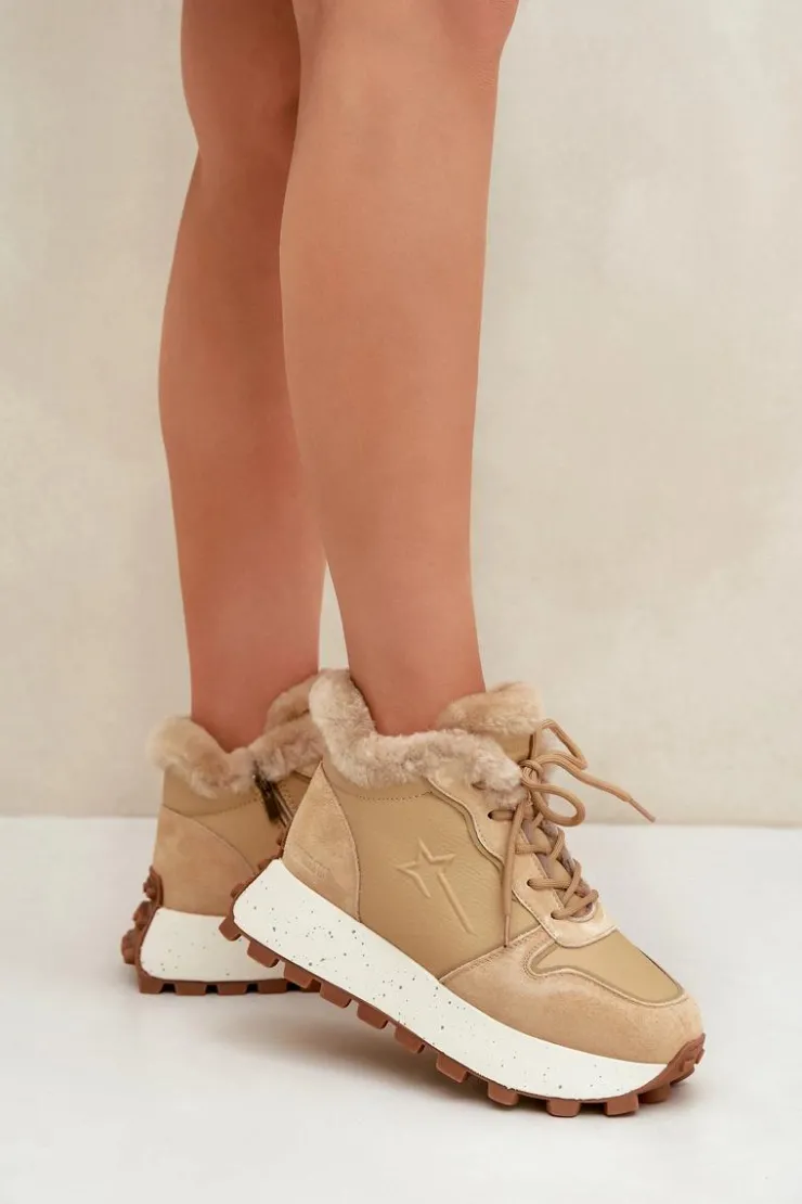 Online Big Star Shoes Skórzane Sneakersy Trapery Damskie Z Futerkiem Na Platformie Big Star OO274A330 Beżowe Beżowy