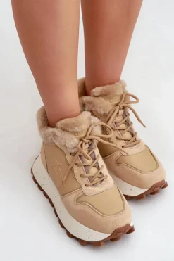 Online Big Star Shoes Skórzane Sneakersy Trapery Damskie Z Futerkiem Na Platformie Big Star OO274A330 Beżowe Beżowy