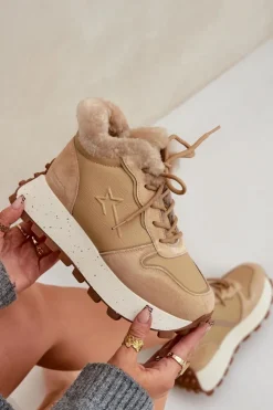 Online Big Star Shoes Skórzane Sneakersy Trapery Damskie Z Futerkiem Na Platformie Big Star OO274A330 Beżowe Beżowy