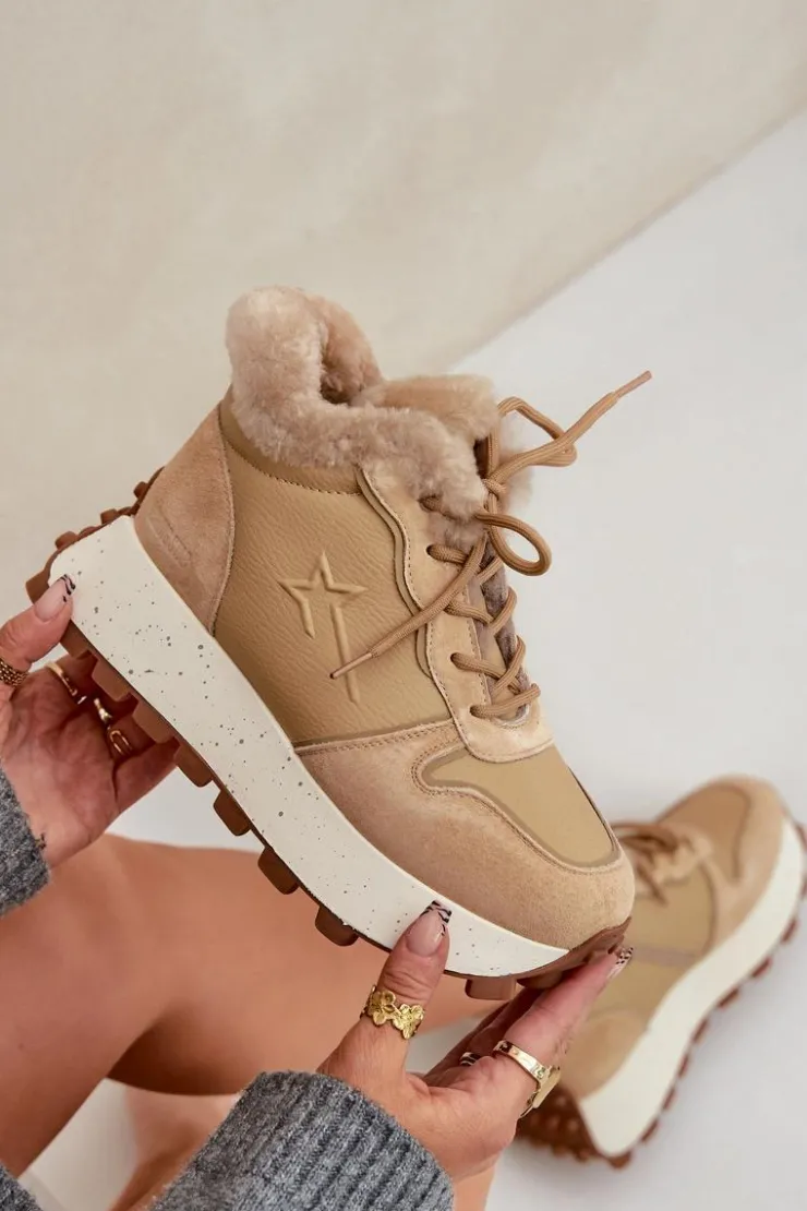 Online Big Star Shoes Skórzane Sneakersy Trapery Damskie Z Futerkiem Na Platformie Big Star OO274A330 Beżowe Beżowy