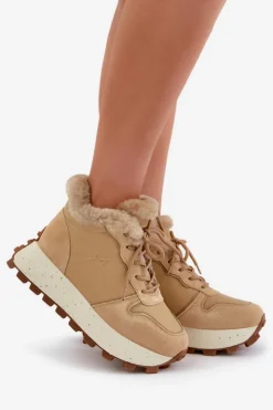 Online Big Star Shoes Skórzane Sneakersy Trapery Damskie Z Futerkiem Na Platformie Big Star OO274A330 Beżowe Beżowy